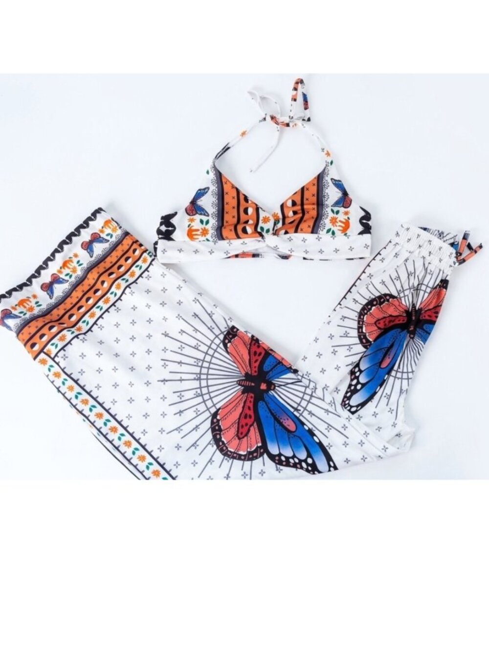SHEIN Boho 2-Piece Butterfly Crop Top & Wide Leg Pants Set - White - Small